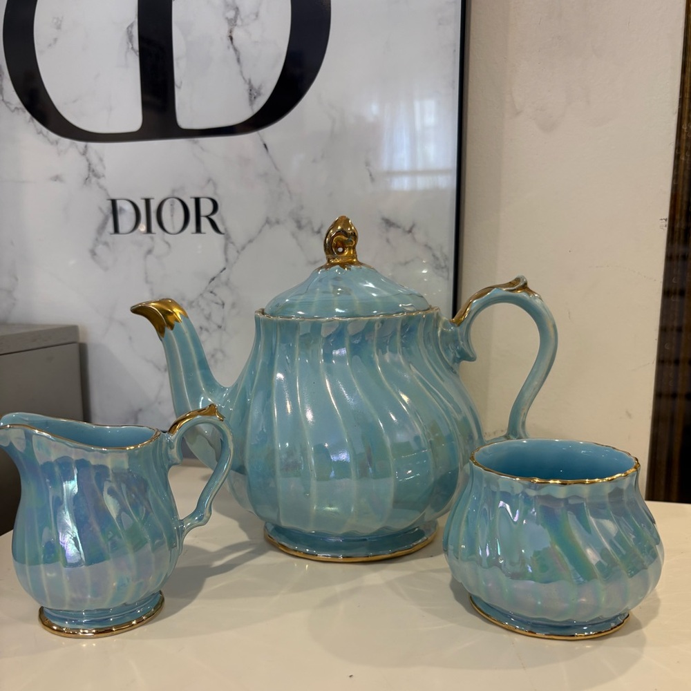 SADLER England Iridescent Blue Gold-Trim Teapot Set